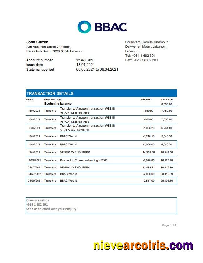 Lebanon BBAC Bank statement easy to fill in .xls and .pdf file format